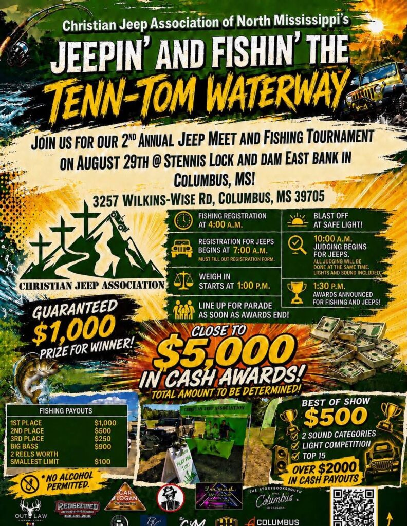 Christian Jeep Association of North Mississippi Jeepin' and Fishin' the Tenn-Tom Waterway event at Stennis Lock and Dam East Bank in Columbus, MS on August 29, 2026