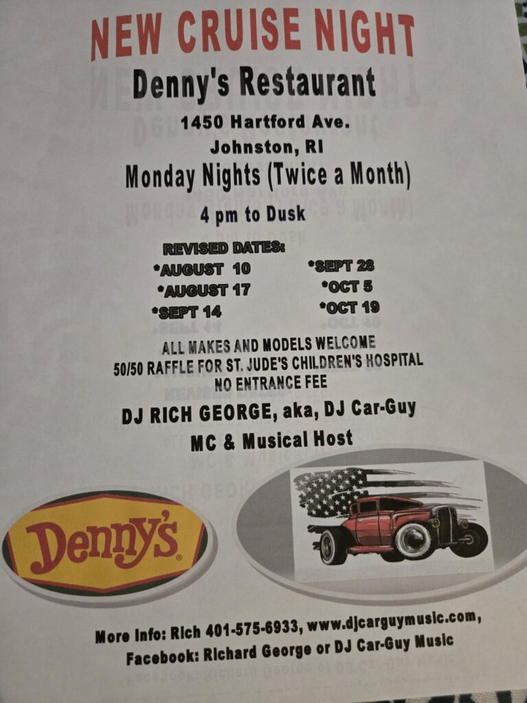 New Cruise Night at Denny's Restaurant event at Denny's Restaurant in Johnston, RI on August 10, 2026