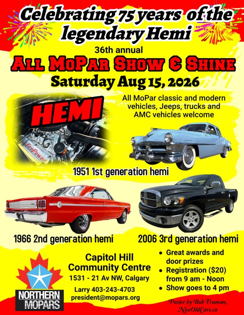 36th Annual All Mopar Show & Shine event at Capitol Hill Community Centre in Calgary, AB on August 15, 2026
