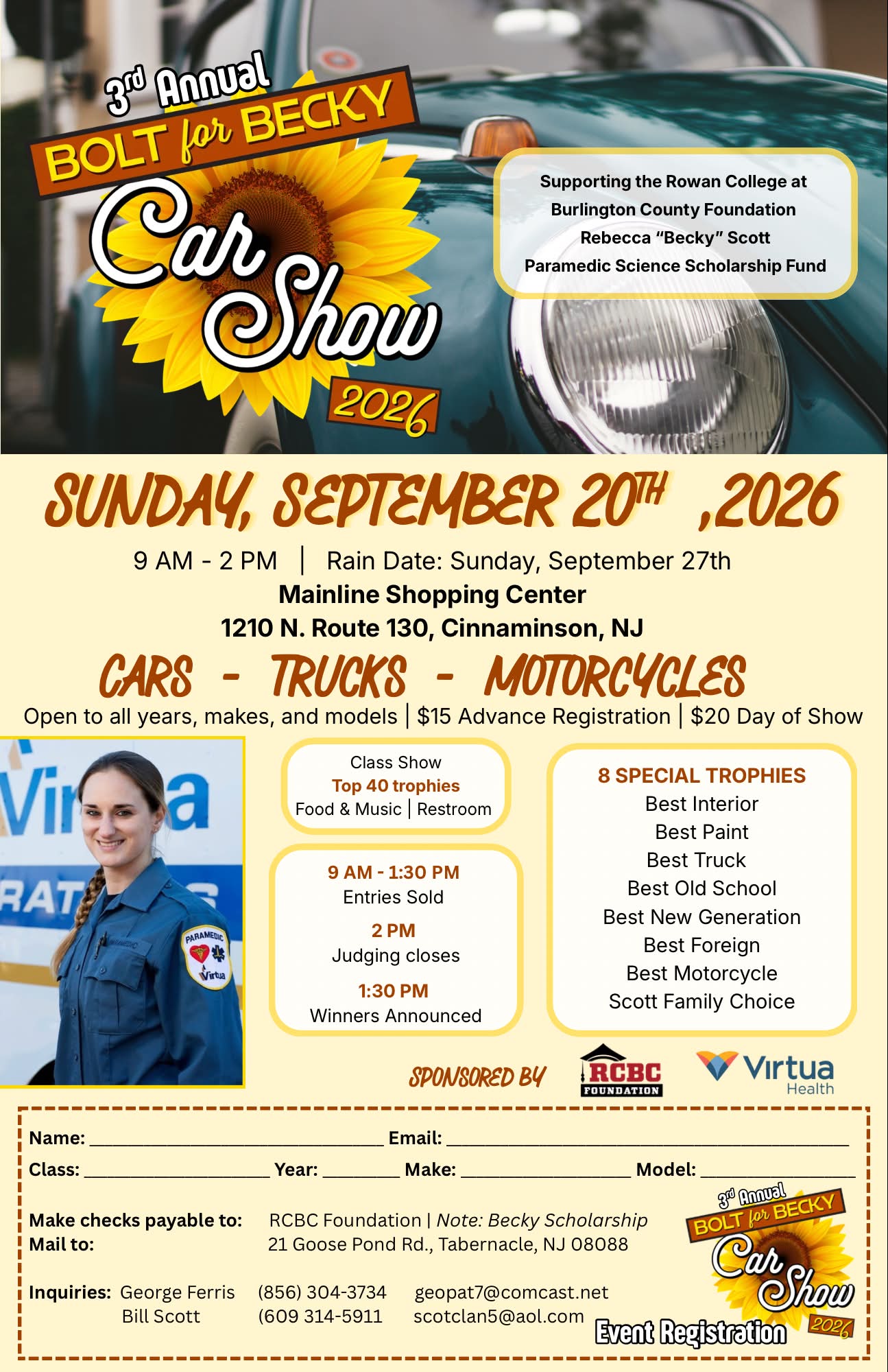 3rd Annual Bolt for Becky Car Show event at Mainline Shopping Center in Cinnaminson, NJ on September 20, 2026