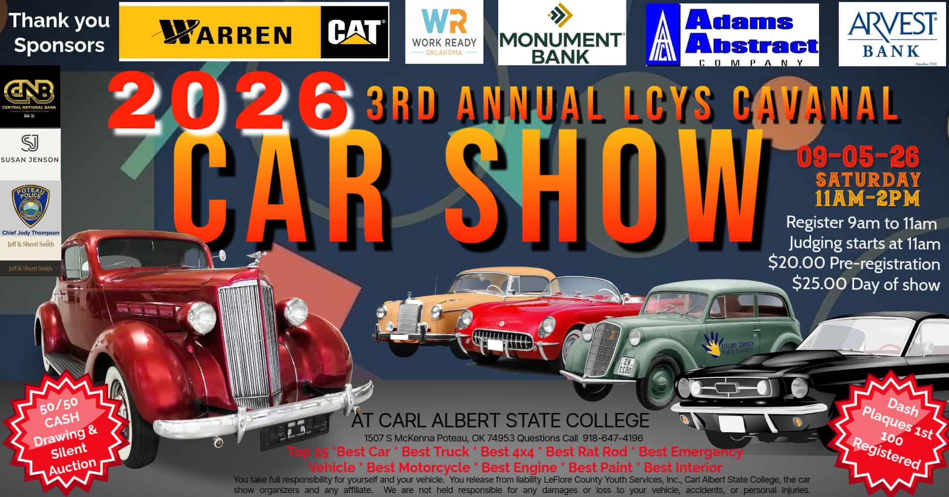 3rd Annual LCYS Cavanal Car Show event at Carl Albert State College in Poteau, OK on September 5, 2026