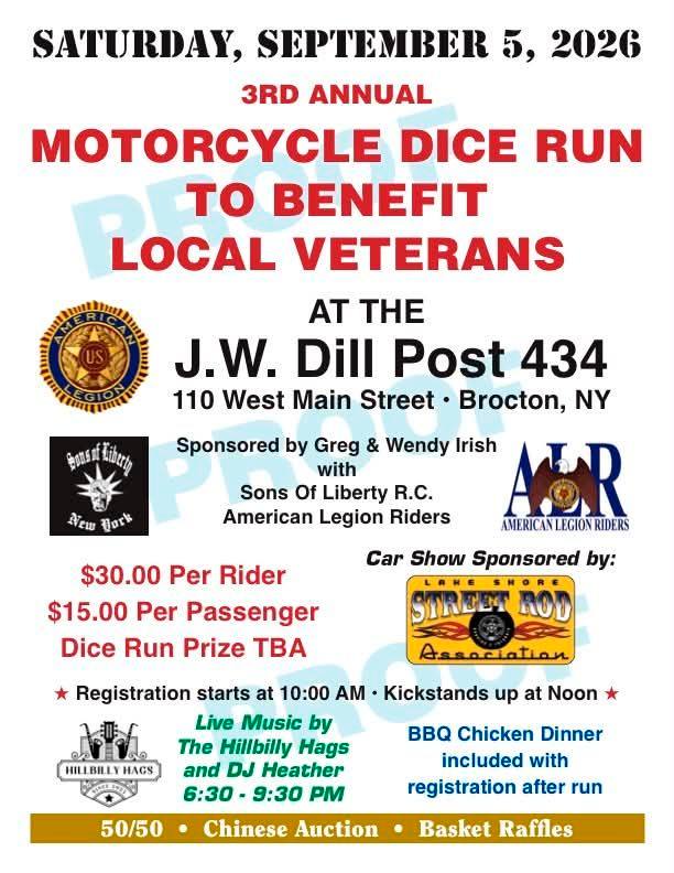 3rd Annual Motorcycle Dice Run to Benefit Local Veterans at J.W. Dill Post 434 event at J.W. Dill Post 434 in Brocton, NY on September 5, 2026