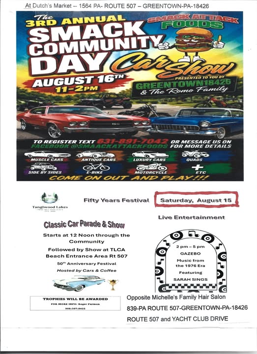 3rd Annual SMACK Community Day Car Show event at Dutch's Market in Greentown, PA on August 16, 2026