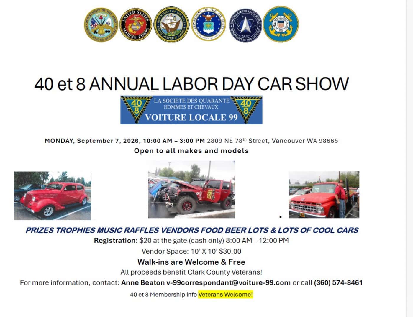 40 et 8 Annual Labor Day Car Show event at 40 Et 8 Chateau in Vancouver, WA on September 7, 2026