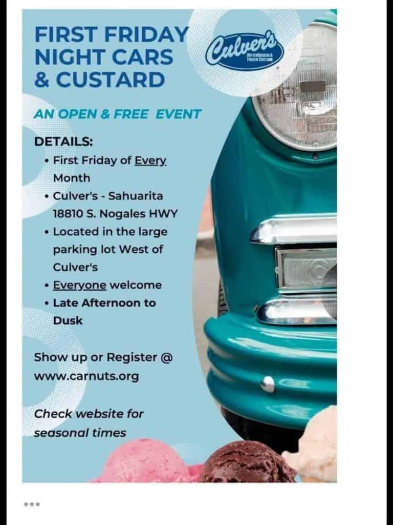 First Friday Night Cars & Custard event at Culver's in Sahuarita, AZ on September 4, 2026