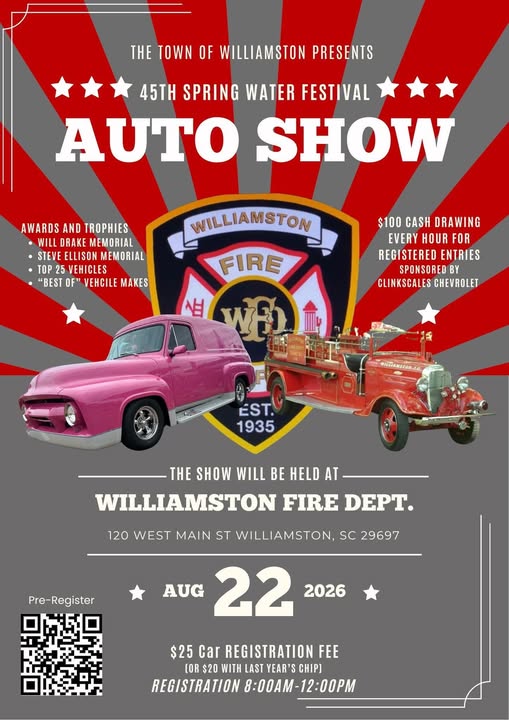45th Spring Water Festival Auto Show event at Williamston Fire Department in Williamston, SC on August 22, 2026
