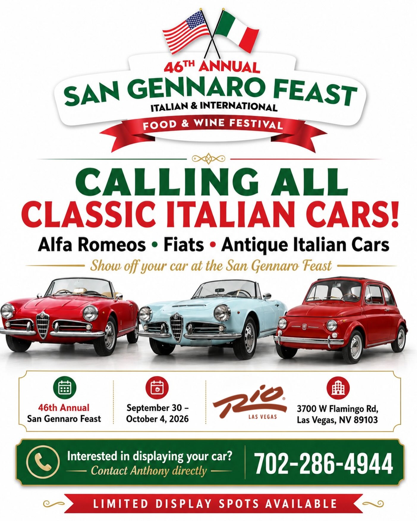 46th Annual San Gennaro Feast Car Show event at Rio Las Vegas in Las Vegas, NV on September 30, 2026