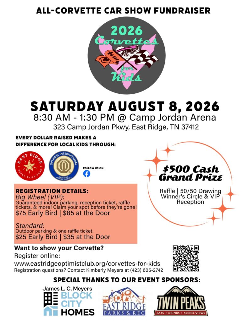 Corvettes for Kids Car Show event at Camp Jordan Arena in East Ridge, TN on August 8, 2026