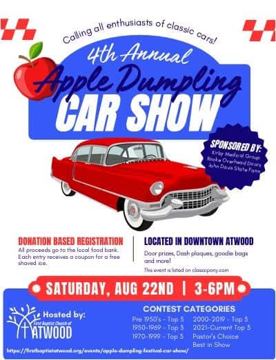 4th Annual Apple Dumpling Car Show event at United Church in Atwood, IL on August 22, 2026