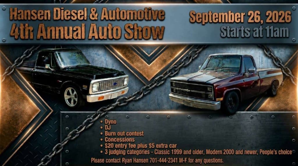 4th Annual Hansen Diesel & Automotive Auto Show event at Hansen Diesel in Watford City, ND on September 26, 2026