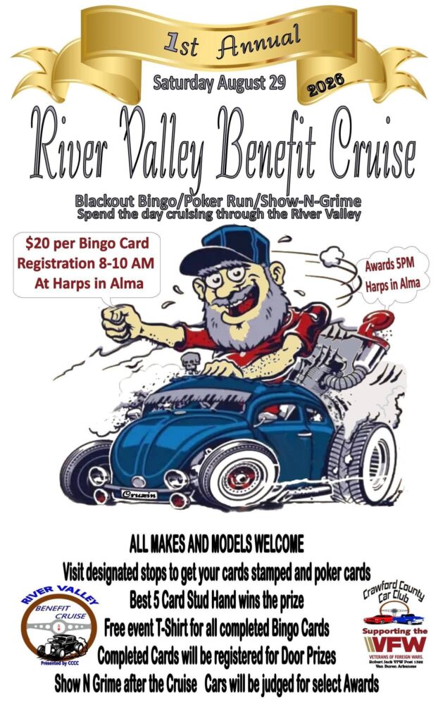 Crawford County Car Club River Valley Benefit Cruise event at Harps in Alma, AR on August 29, 2026
