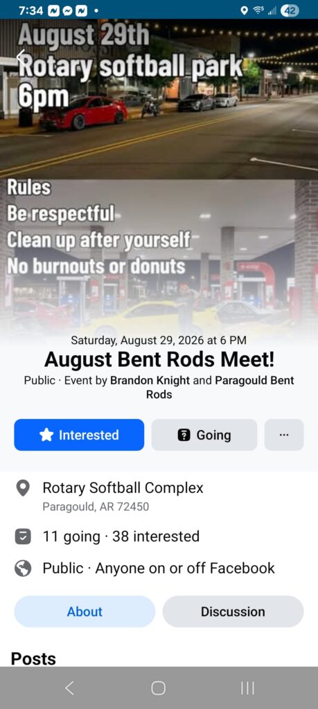 Paragould Bent Rods August Bent Rods Meet event at Rotary Softball Complex in Paragould, AR on August 29, 2026