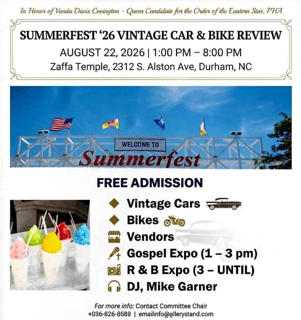 Summerfest '26 Vintage Car & Bike Review event at Zaffa Temple in Durham, NC on August 22, 2026