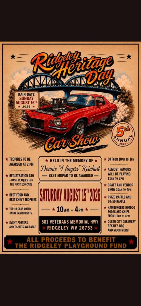 Ridgely Heritage Day Car Show event at 581 Veterans Memorial Highway in Ridgeley, WV on August 15, 2026