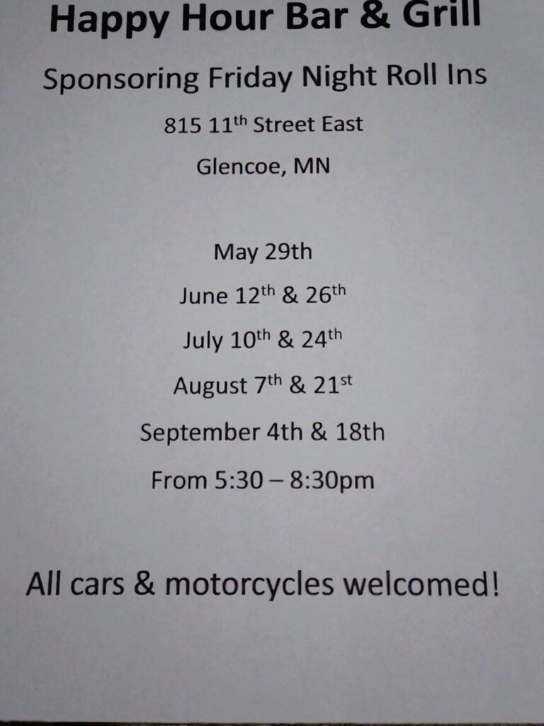 Happy Hour Bar & Grill Friday Night Roll Ins event at Happy Hour Bar & Grill in Glencoe, MN on August 7, 2026