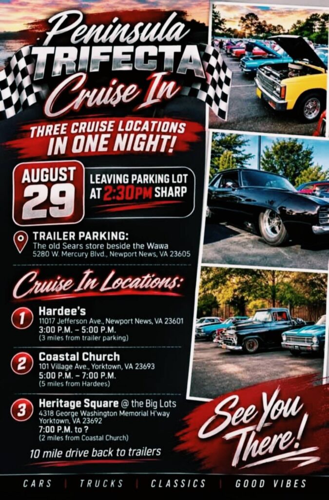 Peninsula Trifecta Cruise in event at Old Sears store beside the Wawa in Newport News, VA on August 29, 2026