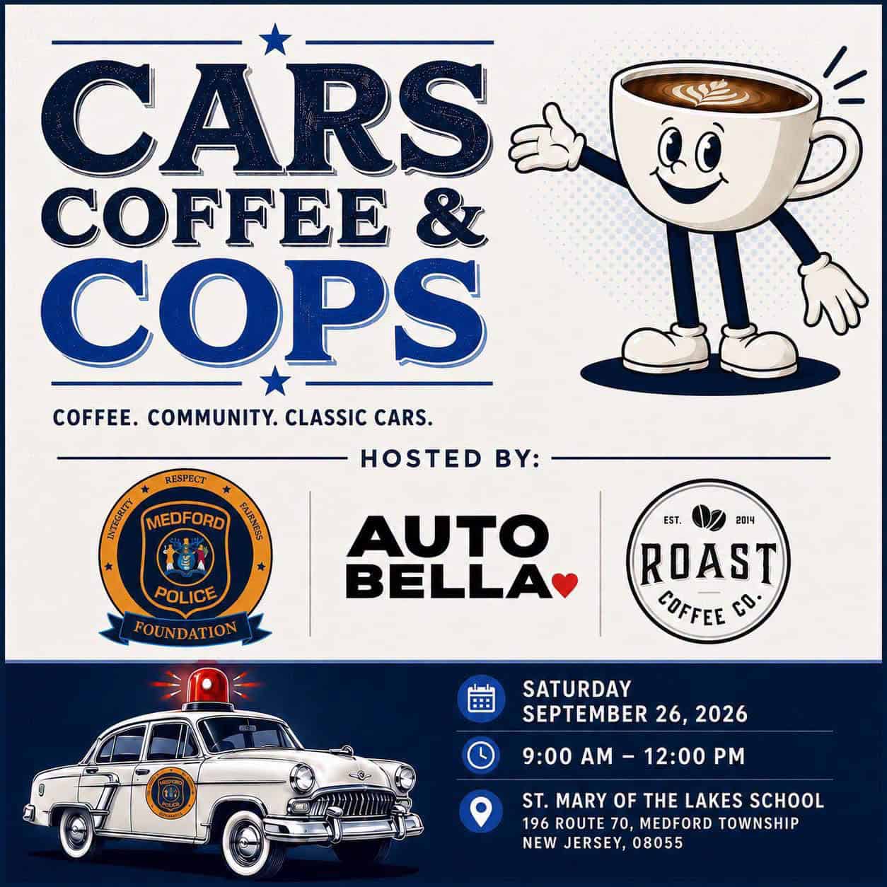 5th Annual Cars, Coffee & Cops event at Saint Mary of the Lakes School in Medford, NJ on September 26, 2026