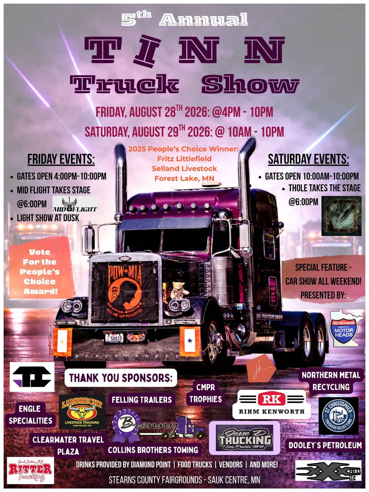 5th Annual T/NN Truck Show event at Stearns County Fairgrounds in Sauk Centre, MN on August 28, 2026