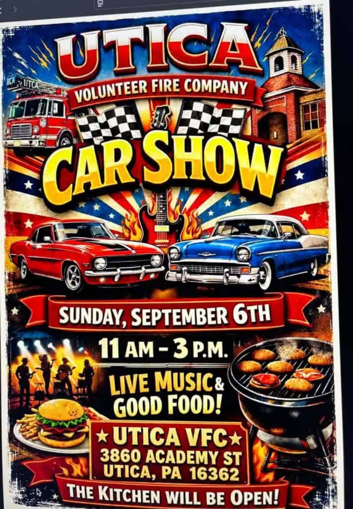 Utica Volunteer Fire Company Car Show event at Utica VFC in Utica, PA on September 6, 2026