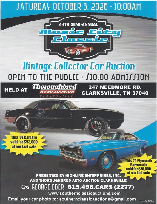 64th Semi-Annual Music City Classic Vintage Collector Car Auction event at Thoroughbred Auto Auction Clarksville in Clarksville, TN on October 3, 2026