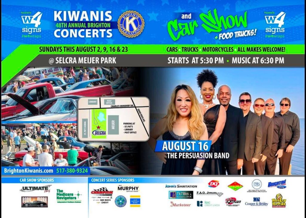 Kiwanis Brighton Concerts Car Show event at Selcra Meijer Park in Brighton, MI on August 9, 2026