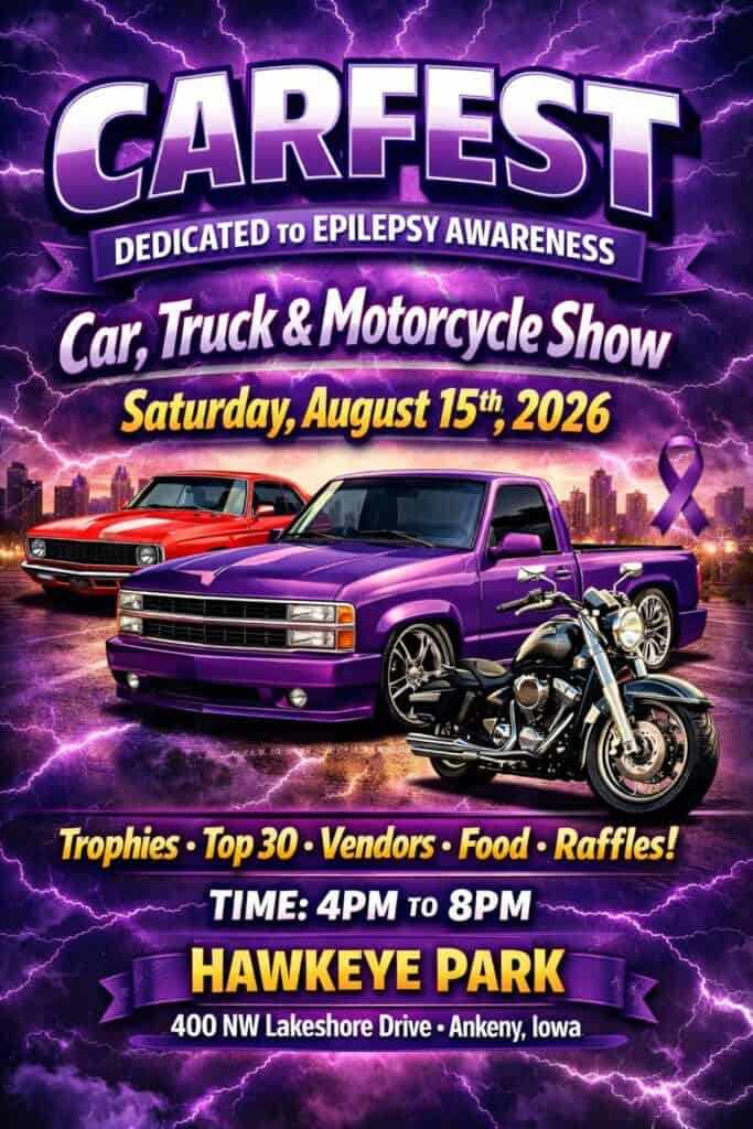 Carfest Dedicated to Epilepsy Awareness event at Hawkeye Park in Ankeny, IA on August 15, 2026