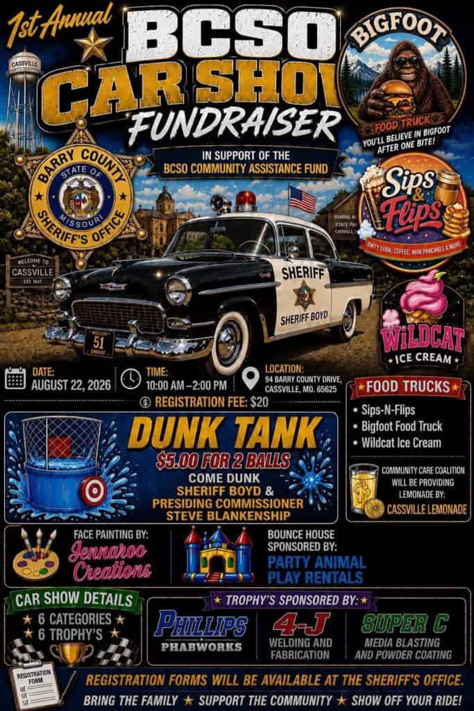 BCSO Car Show Fundraiser event at 94 Barry County Drive in Cassville, MO on August 22, 2026