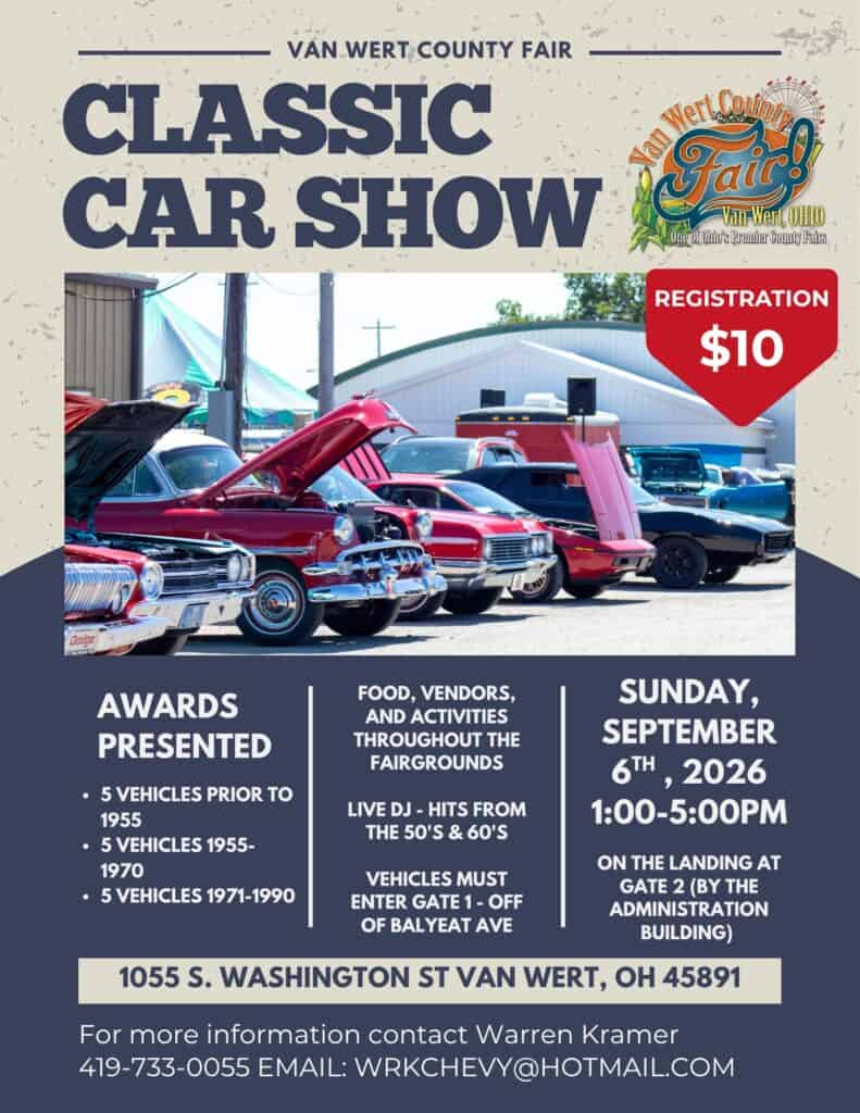 2026 Van Wert Co Fair Classic Car Show event at Van Wert County Fairgrounds in Van Wert, OH on September 6, 2026