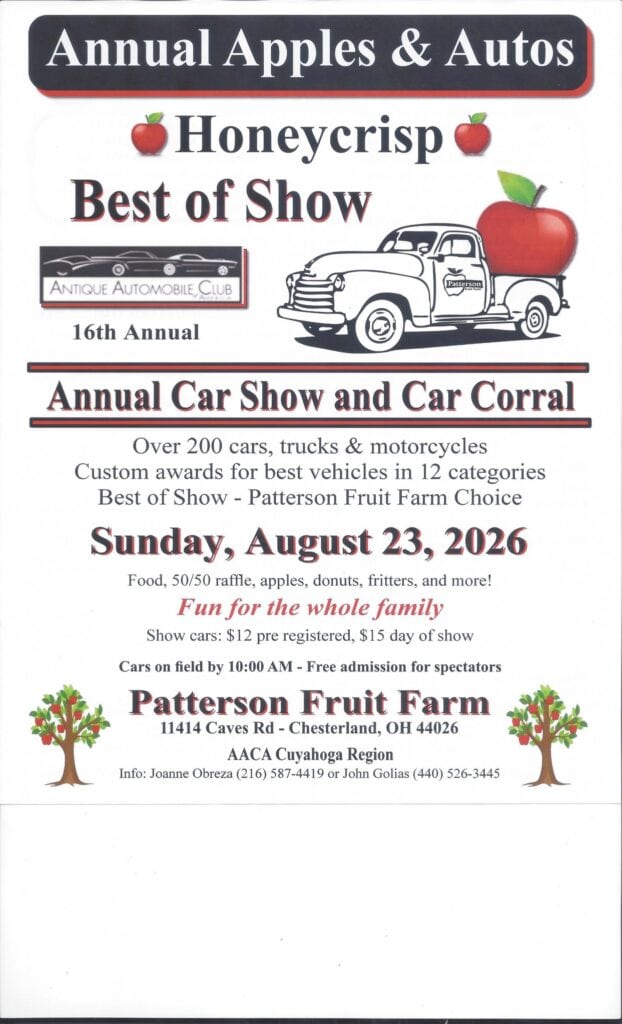 Annual Apples & Autos Car Show event at Patterson Fruit Farm in Chesterland, OH on August 23, 2026