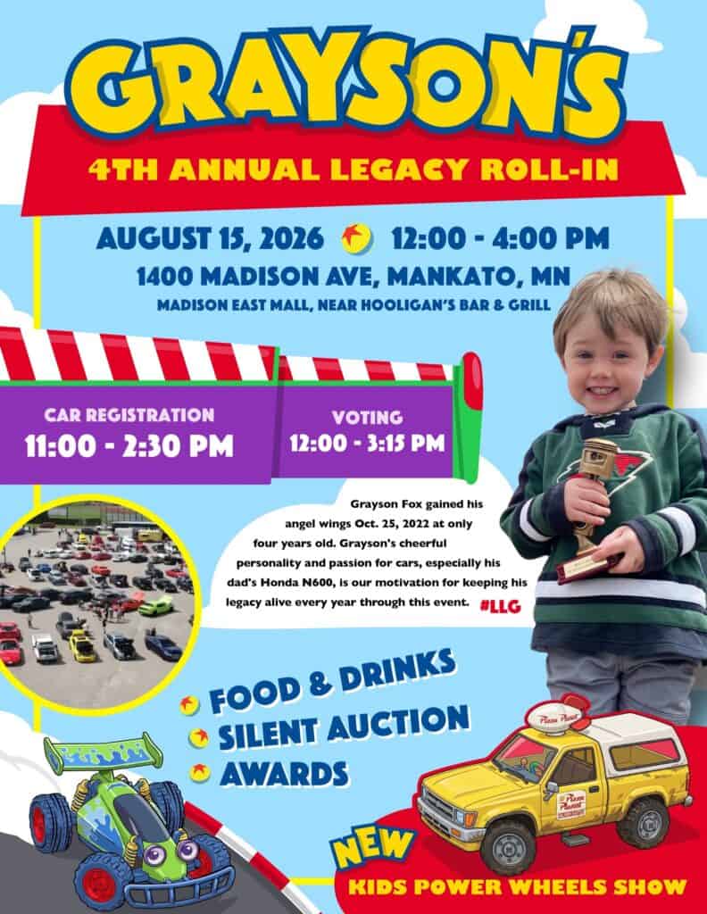 Grayson's 4th Annual Legacy Roll-In event at Madison East Mall in Mankato, MN on August 15, 2026