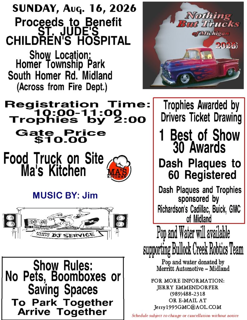 Nothing but Trucks of Michigan Car Show event at Homer Township Park in Midland, MI on August 16, 2026