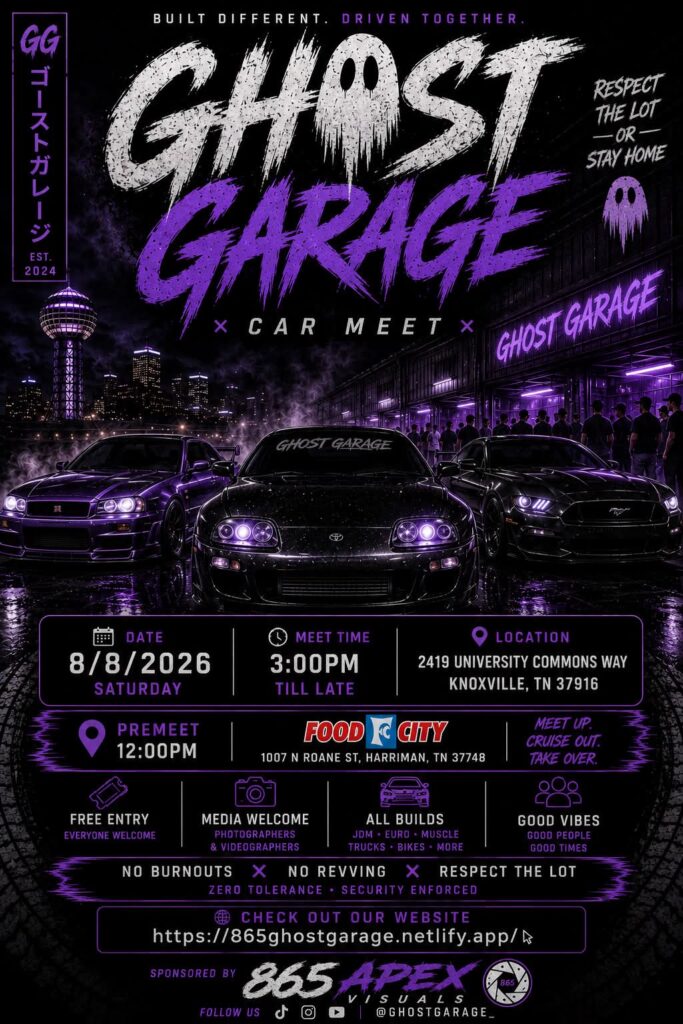 Ghost Garage Car Meet event at 2419 University Commons Way in Knoxville, TN on August 8, 2026
