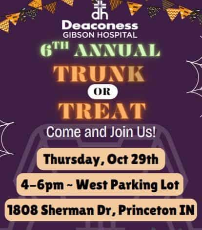 6th Annual Deaconess Gibson Hospital Trunk or Treat event at Deaconess Gibson Hospital in Princeton, IN on October 29, 2026