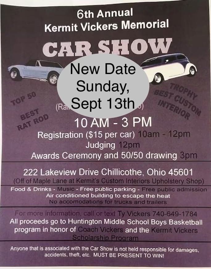 6th Annual Kermit Vickers Memorial Car Show event at Kermit's Custom Interiors Upholstery Shop in Chillicothe, OH on September 13, 2026