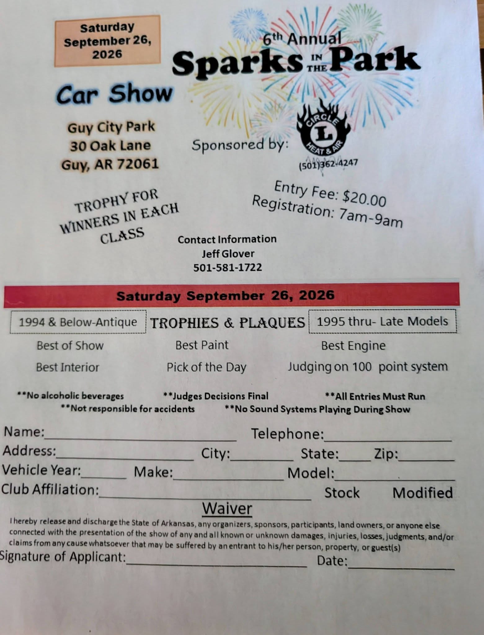 6th Annual Sparks in the Park Car Show event at Guy City Park in Guy, AR on September 26, 2026