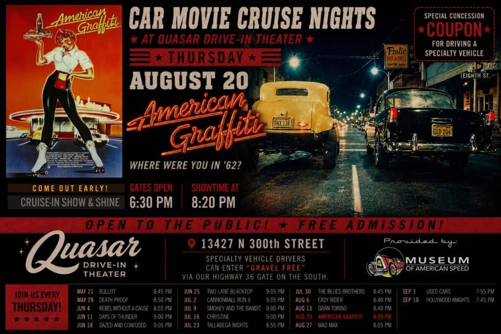 Car Movie Cruise Nights - American Graffiti event at Quasar Drive-In Theater in Valley, NE on August 20, 2026