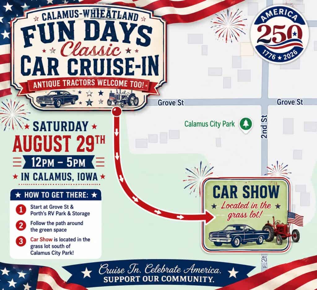 Calamus-Wheatland Fun Days Classic Car Cruise-In event at Calamus City Park in Calamus, IA on August 29, 2026