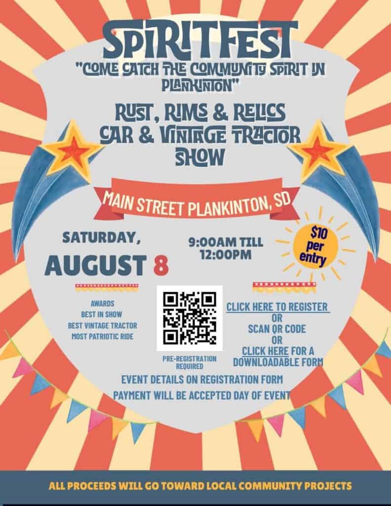 Spirit Fest Car Show event at 404 N Main St in Plankinton, SD on August 8, 2026
