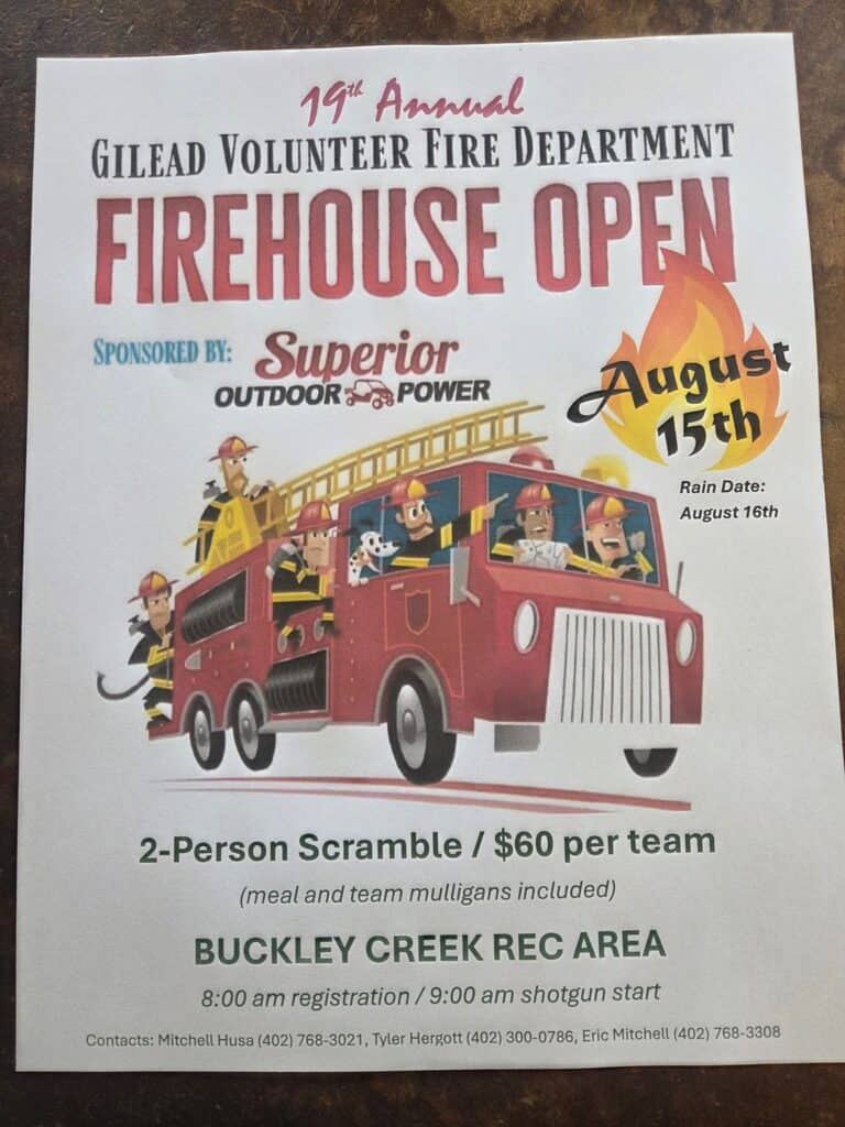 19th Annual Gilead Volunteer Fire Department Firehouse Open event at Buckley Creek Rec Area in Gilead, NE on August 15, 2026