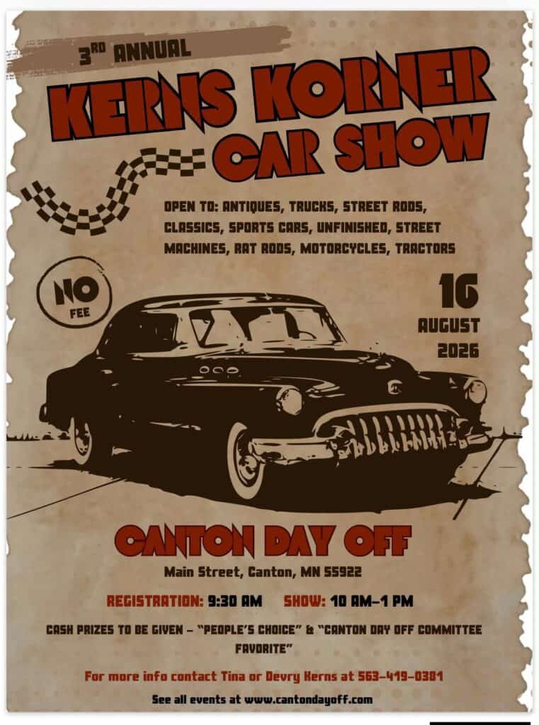 Kern's Korner Car Show event at Kerns Korner in Canton, MN on August 16, 2026