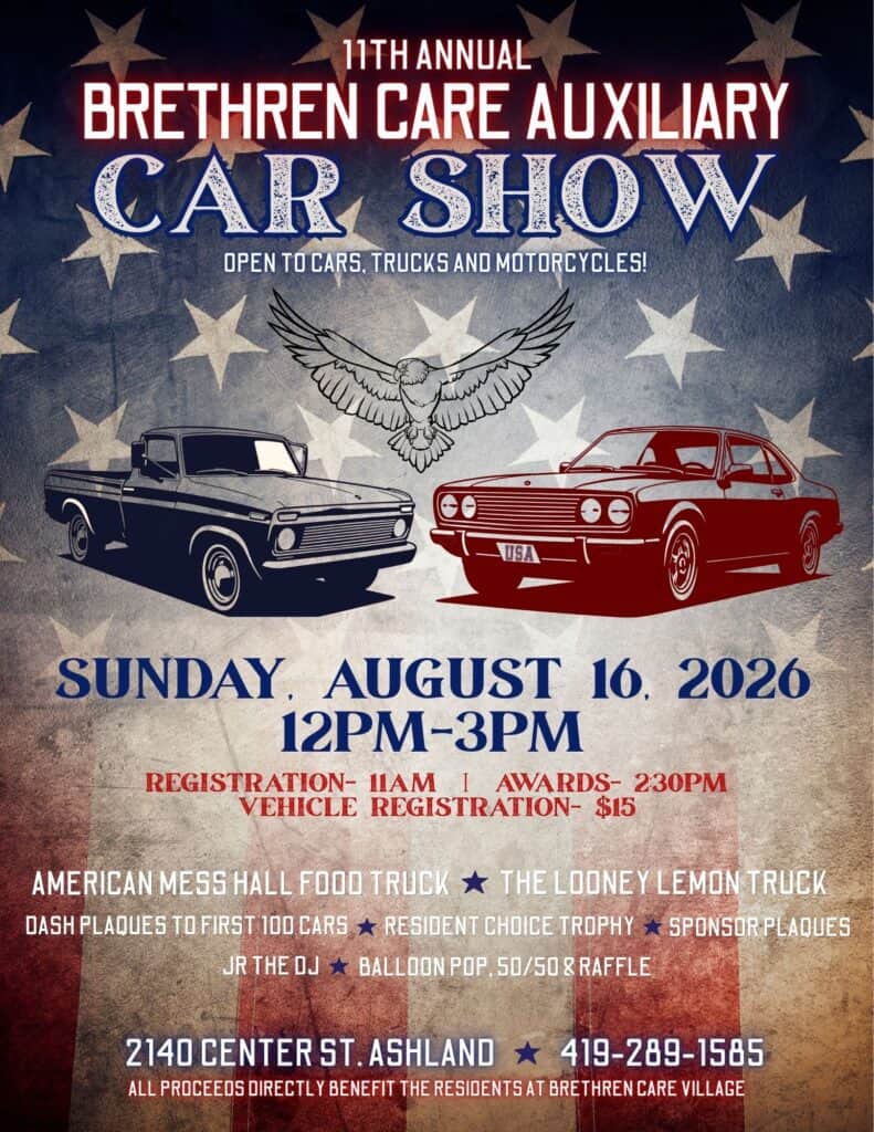 Brethren Care Auxiliary Car Show event at Brethren Care Village in Ashland, OH on August 16, 2026