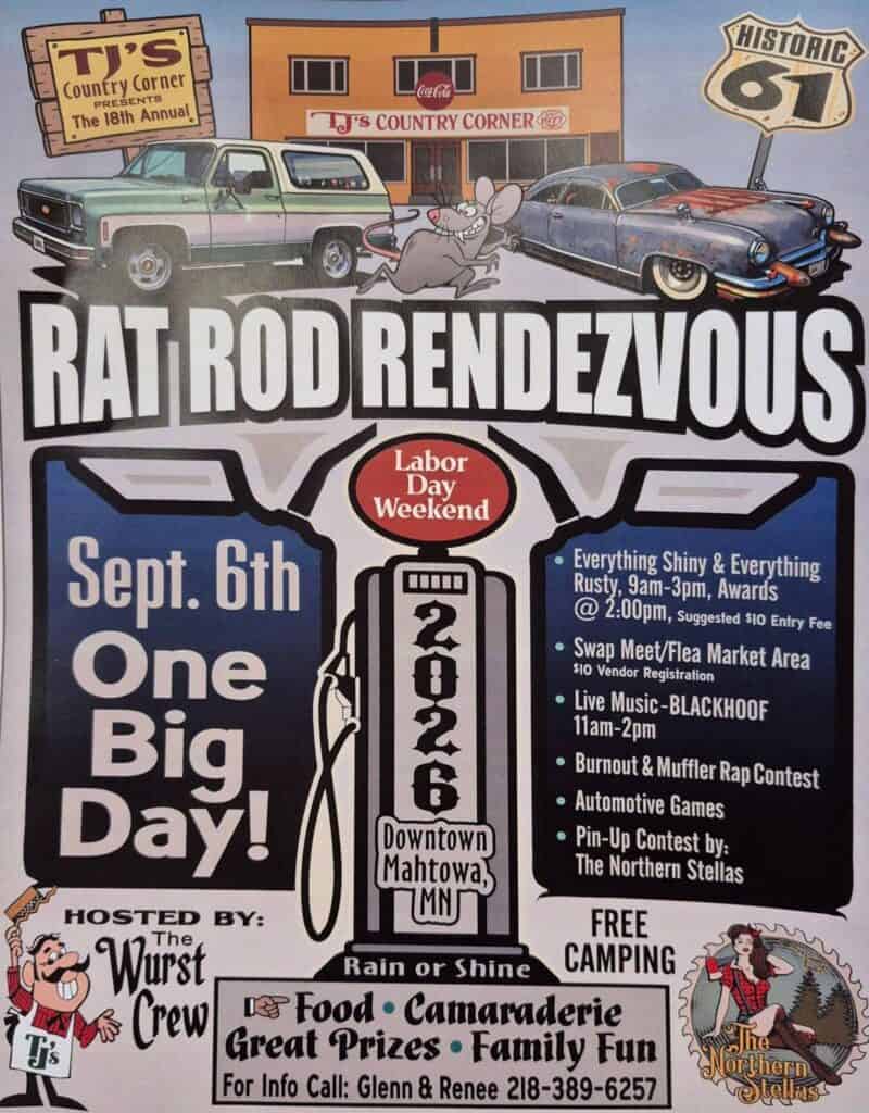 Rat Rod Rendezvous event at TJ's Country Corner in Mahtowa, MN on September 6, 2026