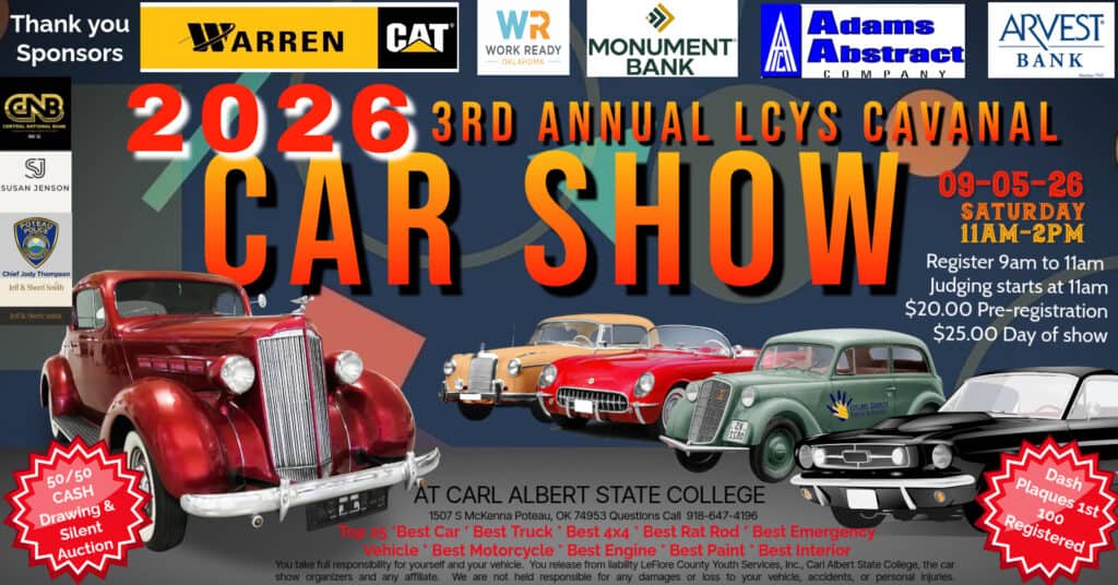 3rd Annual LCYS Cavanal Car Show event at Carl Albert State College in Poteau, OK on September 5, 2026