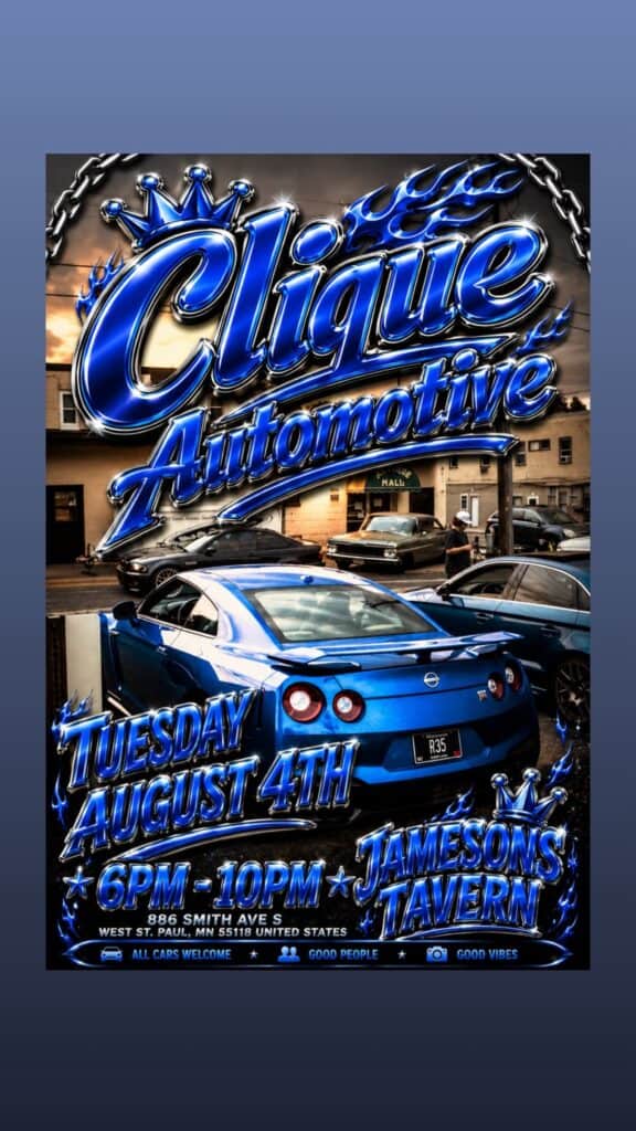 Clique Automotive Tuesday at the Tavern event at Jameson's Tavern in West St. Paul, MN on August 4, 2026