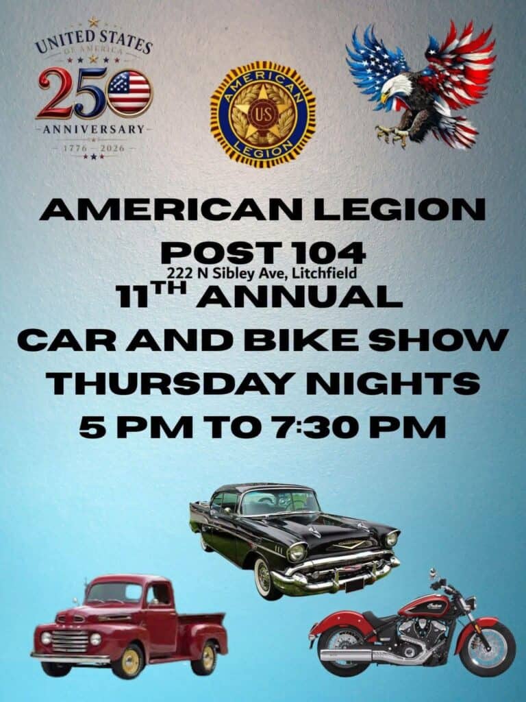 American Legion Post 104 11th Annual Car and Bike Show event at American Legion Post 104 in Litchfield, MN on August 6, 2026