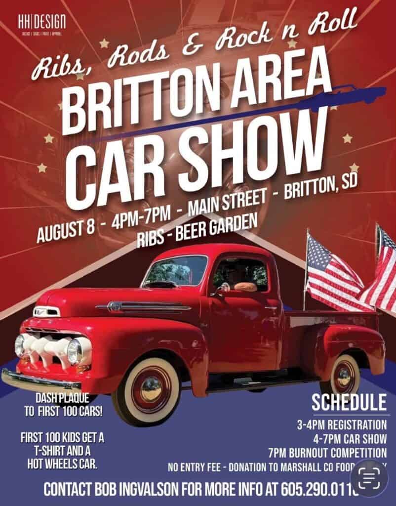 Ribs, Rods & Rock n Roll Britton Area Car Show event at Main Street in Britton, SD on August 8, 2026