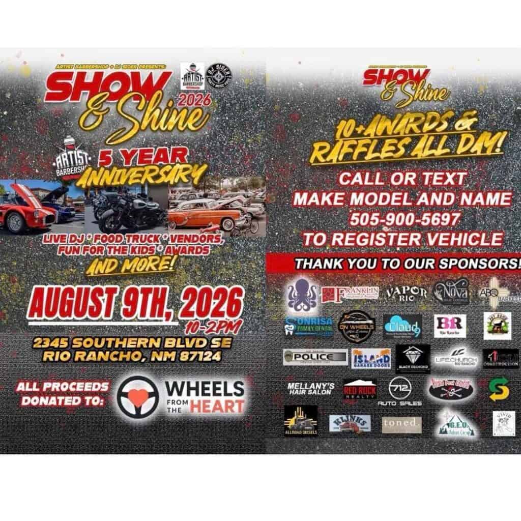 Artist Barbershop 5 Year Anniversary Show & Shine 2026 event at 2345 Southern Blvd SE in Rio Rancho, NM on August 9, 2026