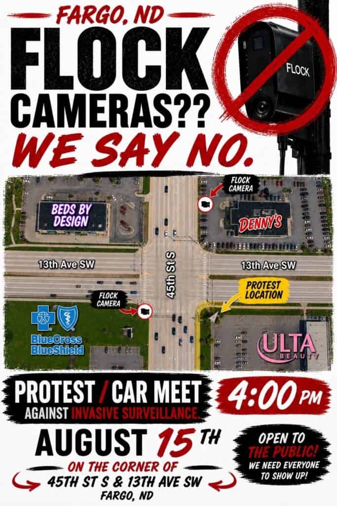 Flock Camera Protest / Car Meet event at 45th St S & 13th Ave SW in Fargo, ND on August 15, 2026