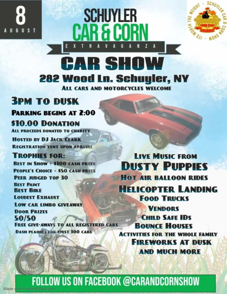 Schuyler Car & Corn Extravaganza Car Show event at 282 Wood Ln. in Schuyler, NY on August 8, 2026