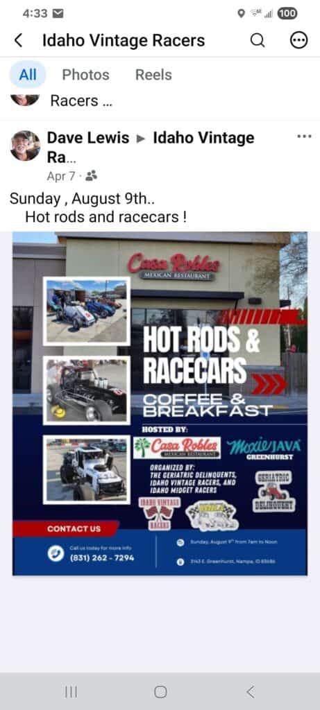 Hot Rods and Racecars Coffee and Breakfast event at 3143 E. Greenhurst in Nampa, ID on August 9, 2026